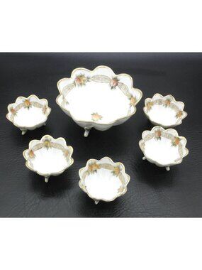 Antique NIPPON Footed Nut Bowl Set of 6 Hand Painted Peach Flowers Gold Accents